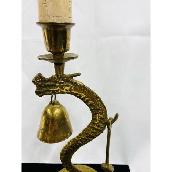 Pair of MCM Brass Dragon Candlesticks with Bell & Mallet: Asian Serpent Decor - Picture 7 of 9